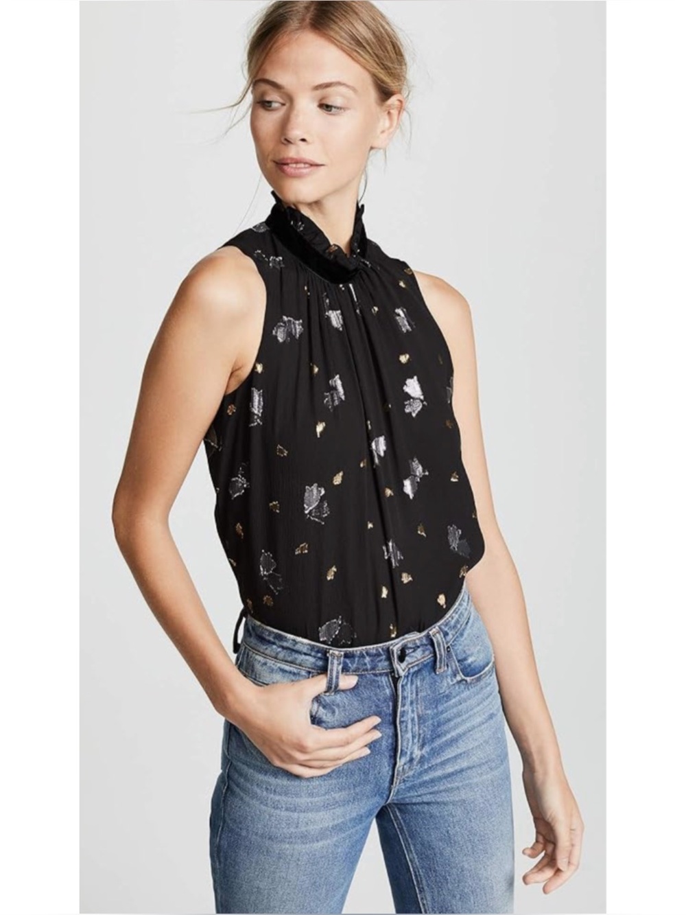 REBECCA TAYLOR | $275 Sleeveless Scattered Tulip Silk Top in Black, Size 6